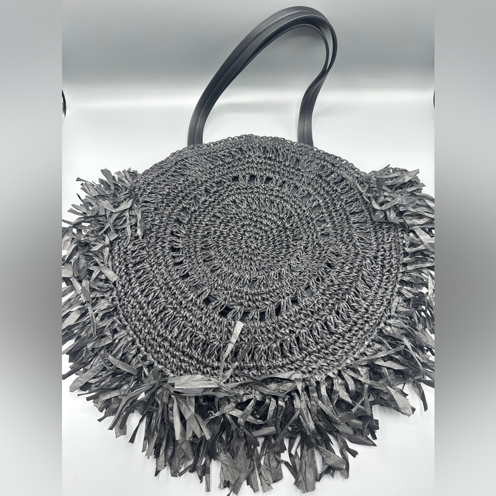 Shiraleah Straw Round Bag With Fringe Decor Black